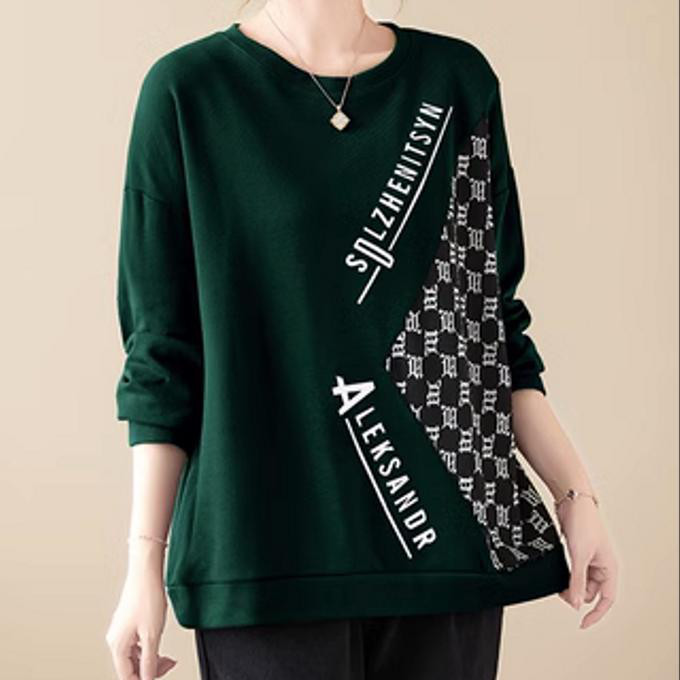 春秋タイプのプリントゆったり丸襟長袖の上着