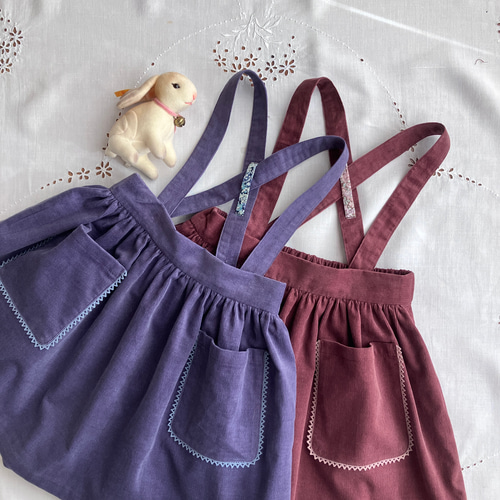 素敵カラーのコーデュロイ吊りスカート 2way すみれ レース リバティ