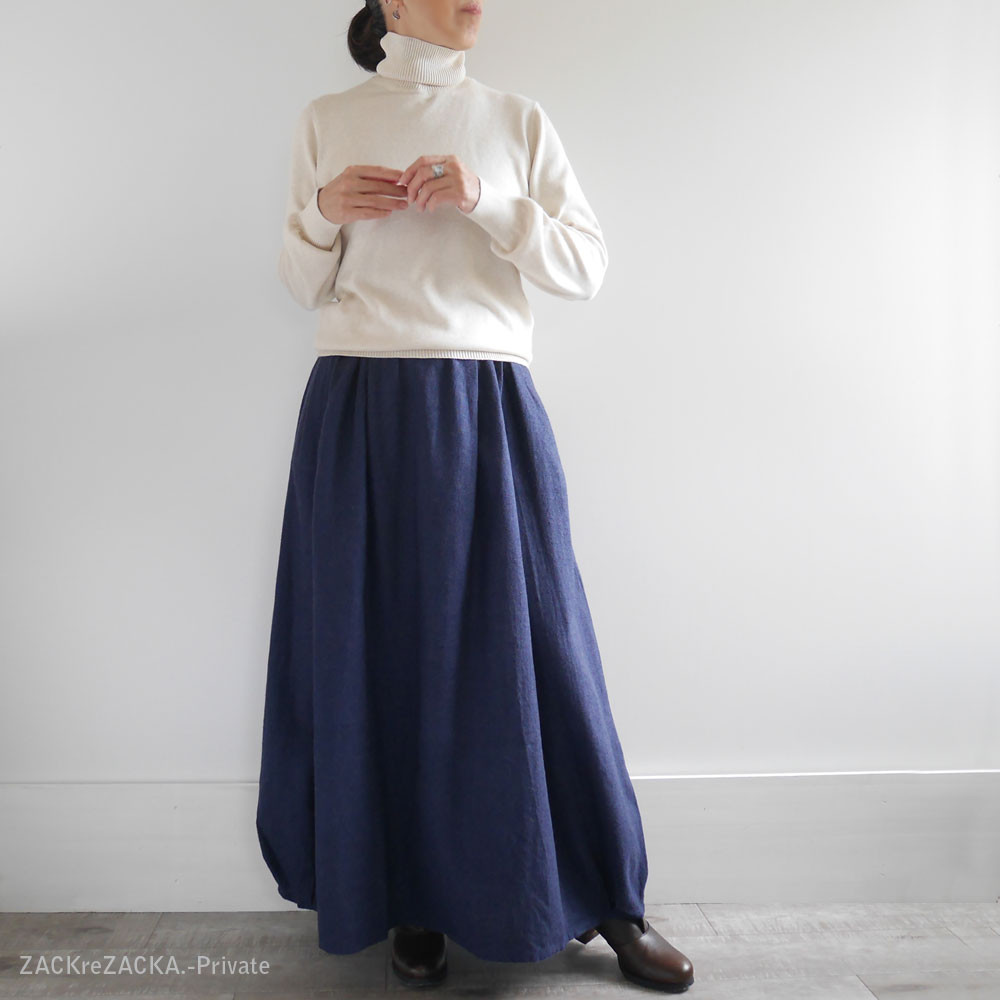 リネン×ウール薄起毛｜清楚に着れる大人のコクーンスカート｜ウエストフリー｜ネイビー 11,544円