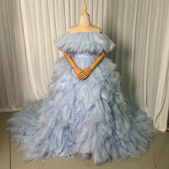 カラードレス ライトブルー ソフィア 取り外しオフショルダー ふわふわ