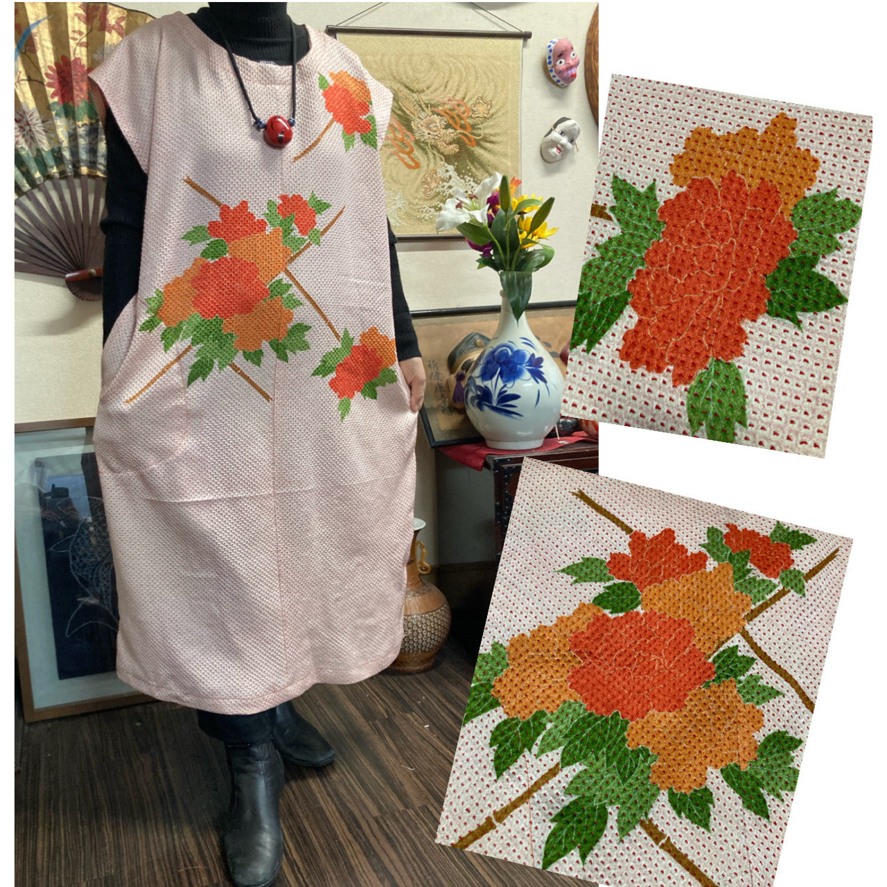 着物リメイク チュニック青花柄と水色と黒と赤絞りの2点