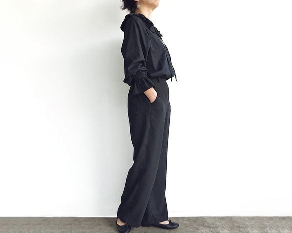 「ワケありな逸品R-12」フォーマルにも♪ ダブルラッフルカラーブラウス（ブラック） 7枚目の画像