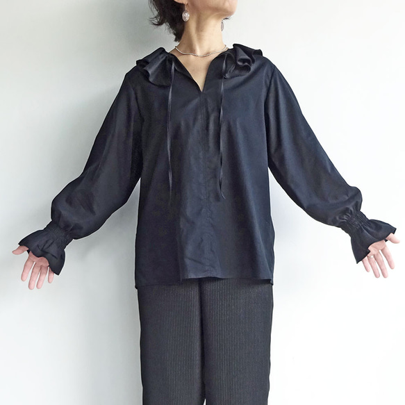 「ワケありな逸品R-12」フォーマルにも♪ ダブルラッフルカラーブラウス（ブラック） 14枚目の画像