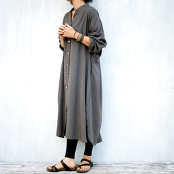 「ワケありな逸品H-5」レーヨンスタンドカラーシャツワンピース（グレー） 1枚目の画像