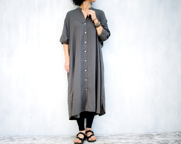 「ワケありな逸品H-5」レーヨンスタンドカラーシャツワンピース（グレー） 6枚目の画像