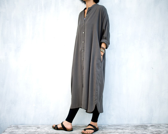 「ワケありな逸品H-5」レーヨンスタンドカラーシャツワンピース（グレー） 4枚目の画像