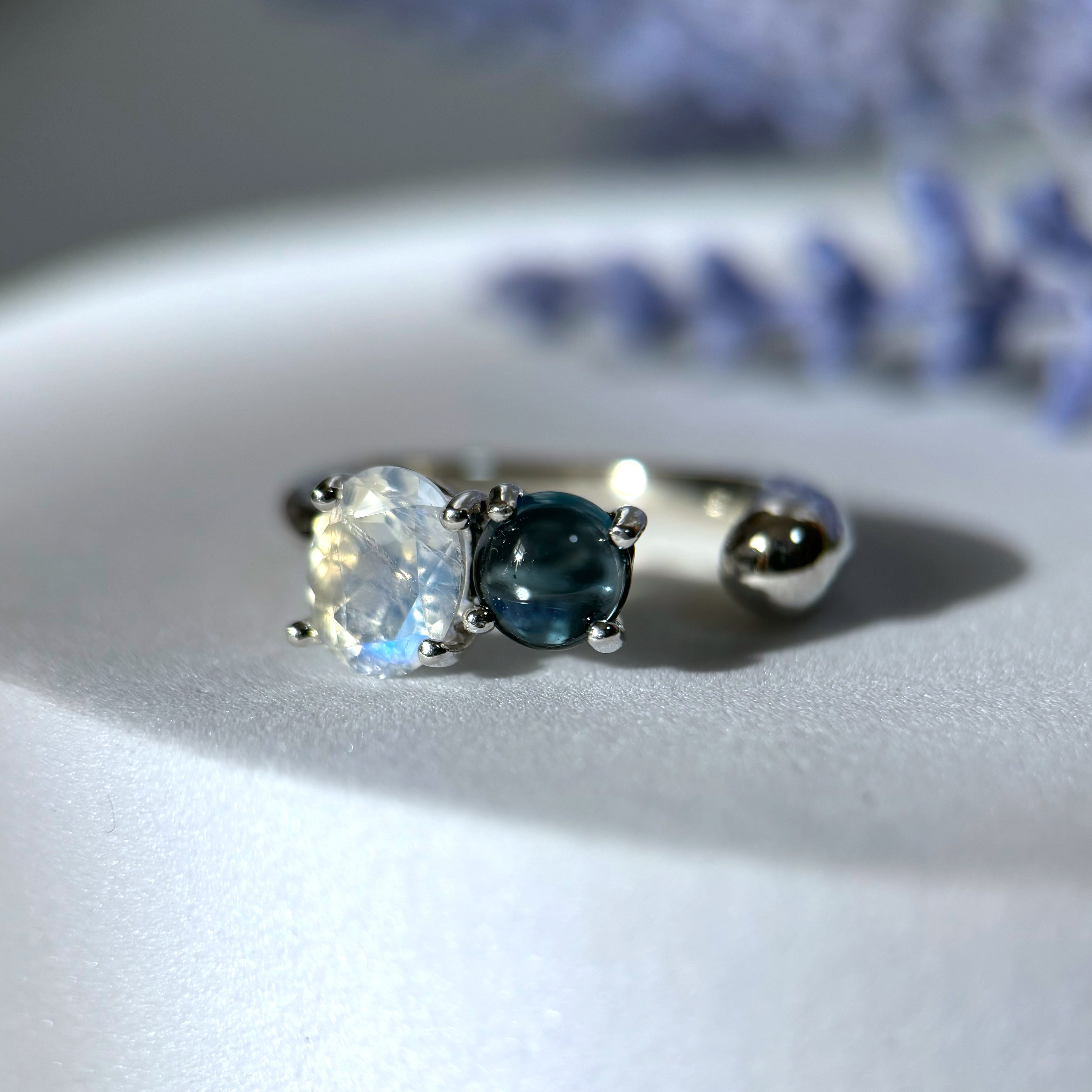 【受注制作】silver950 レインボームーンストーンとロンドンブルートパーズのフォークリング