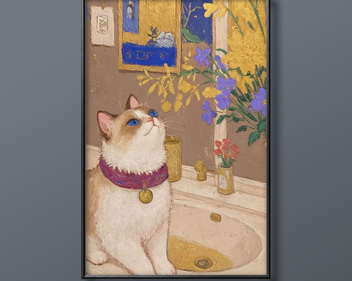 絵画 。壁掛け絵手描き【猫たちは銀河にかわいい星を入れている】 絵画 額入り 壁掛け F4 千春 しあわせのねこ 複製画 1枚 日本