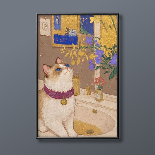 絵画 。手描き【花と食べ物でいっぱいのレストラン、猫たちの楽しいデートと遊び】 絵画 | イラストポスター 454☆ 【猫ときれいな花】 絵画 アカザ