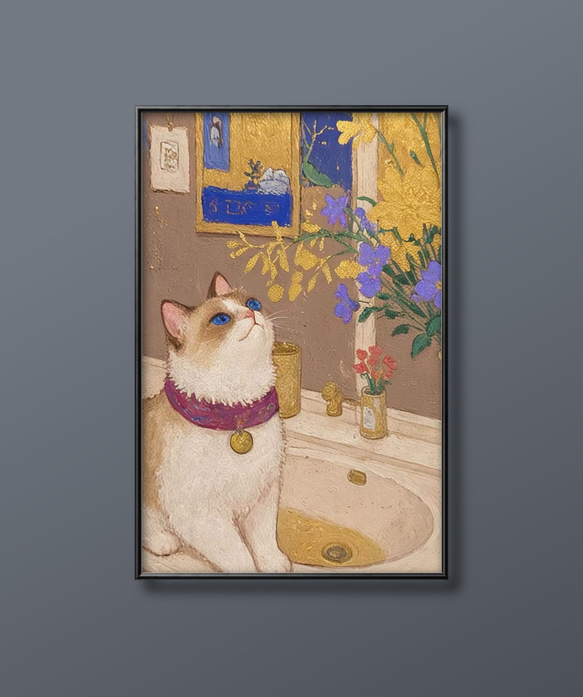 白猫と黄薔薇」猫 ネコ 動物画 花 黄薔薇 絵画 額装 豪華額縁
