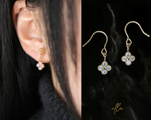 シフォンフラワー×ゴールドリング イヤリング ピアス イヤリング