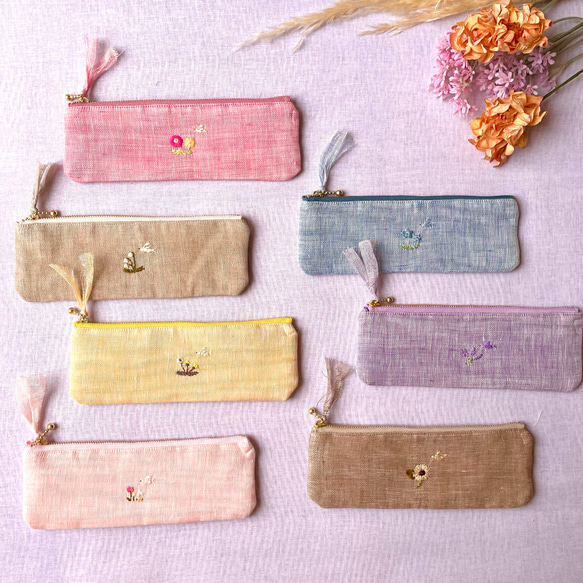 花彩り-小鳥とお花刺繍リネンペンケース(チューリップ•ガーベラ•ラベンダー•ネモフィラ•すずらん•ひまわり•たんぽぽ 14枚目の画像