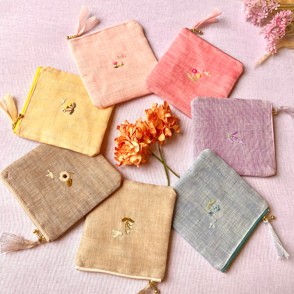 花彩り-小鳥とお花刺繍リネンフラットポーチ(チューリップ•ガーベラ•ラベンダー•ネモフィラ•すずらん•向日葵•たんぽぽ 19枚目の画像