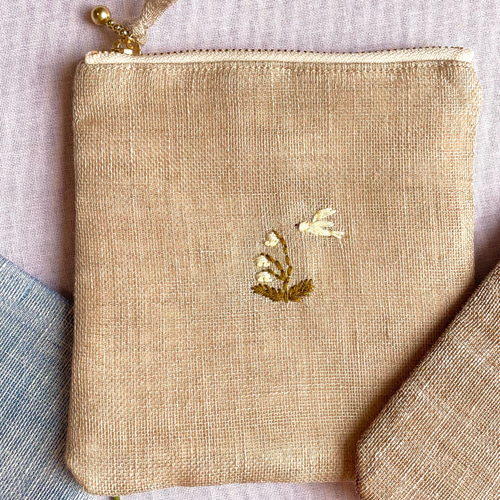 花彩り-小鳥とお花刺繍リネンフラットポーチ(チューリップ•ガーベラ