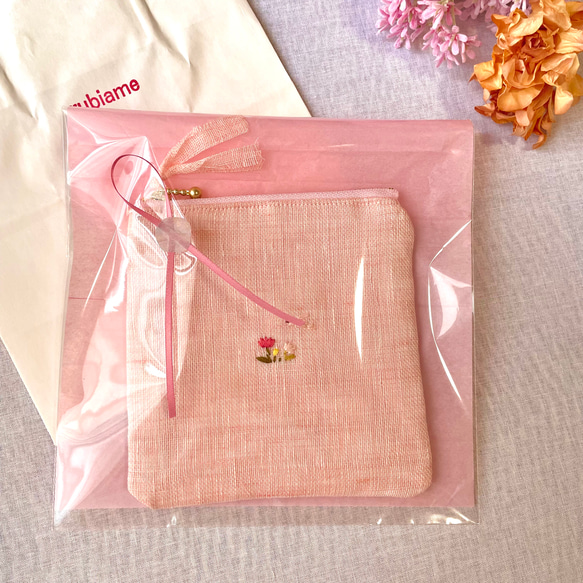 花彩り-小鳥とお花刺繍リネンフラットポーチ(チューリップ•ガーベラ•ラベンダー•ネモフィラ•すずらん•向日葵•たんぽぽ 3枚目の画像