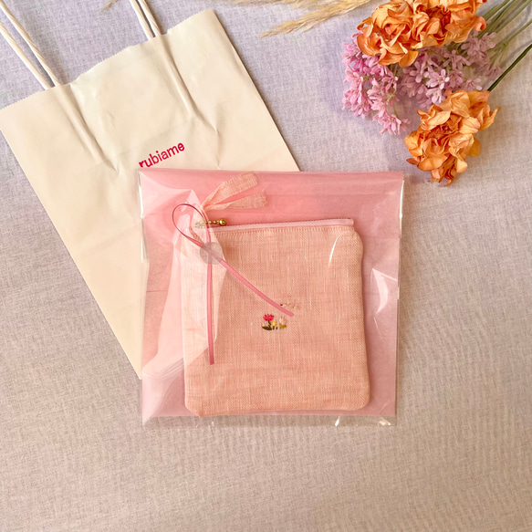 花彩り-小鳥とお花刺繍リネンフラットポーチ(チューリップ•ガーベラ•ラベンダー•ネモフィラ•すずらん•向日葵•たんぽぽ 4枚目の画像