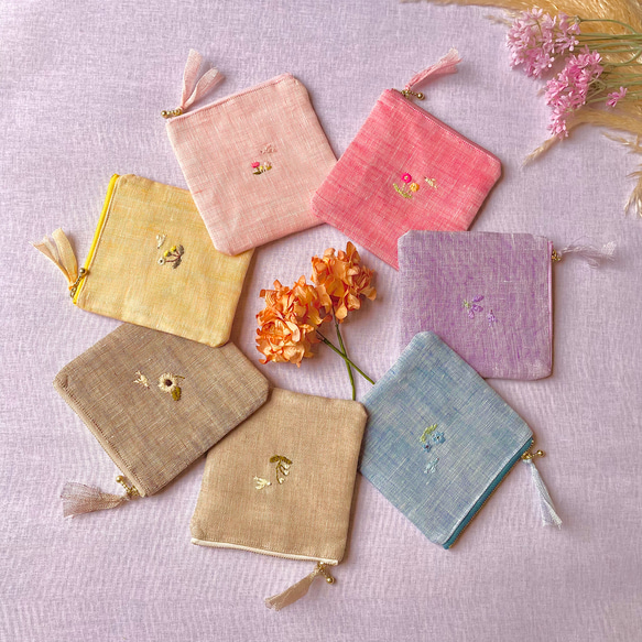 花彩り-小鳥とお花刺繍リネンフラットポーチ(チューリップ•ガーベラ•ラベンダー•ネモフィラ•すずらん•向日葵•たんぽぽ 18枚目の画像