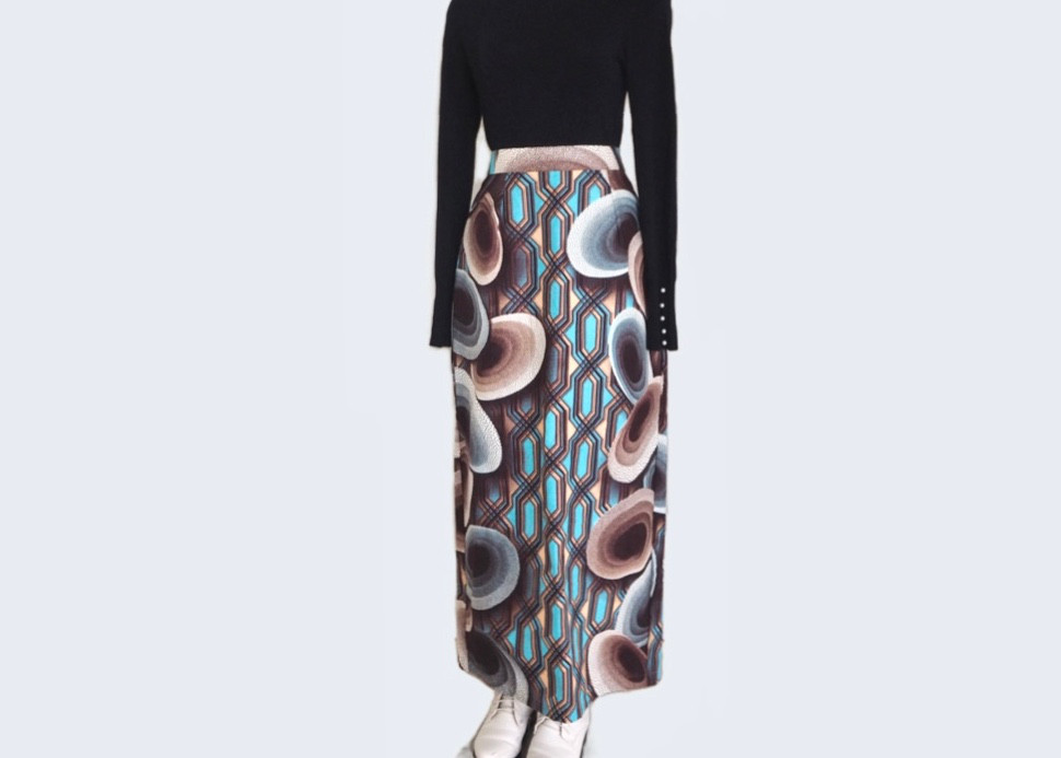 【一点物】アフリカ布xセミタイトロングスカート　後ゴム仕様　個性的　カラフル　アフリカンプリント　大人エスニック