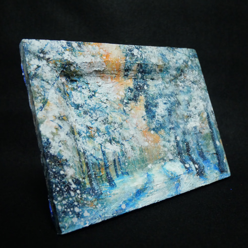 絵画　油絵　雪窓湖　ミニ美 油絵 油彩 油彩画 絵 絵画 ミニ絵画【オレンジ空から降る雪】 絵画