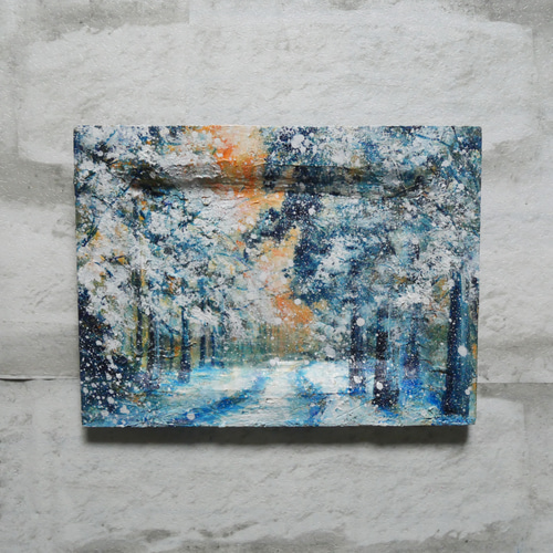 油絵 油彩 油彩画 絵 絵画 ミニ絵画【オレンジ空から降る雪】