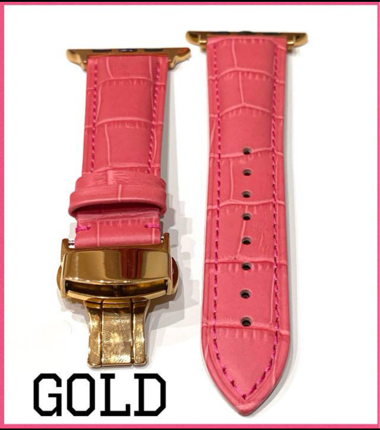 Apple Watch メタルカスタム レザー　ベルト 本革別注仕様　ラッシュピンク×ゴールド