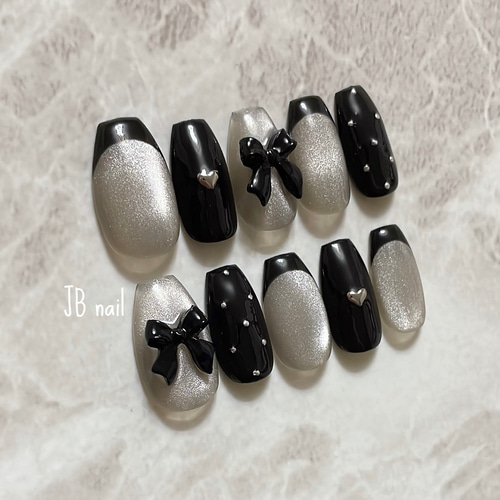 リボン＋フレンチ＋ドット ネイルチップ ブラック レトロネイル