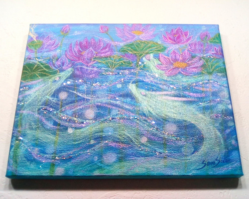 風水絵画＊蓮の花咲く龍神湖 蓮龍 lotus 豊かさ 愛情 子宝 家庭