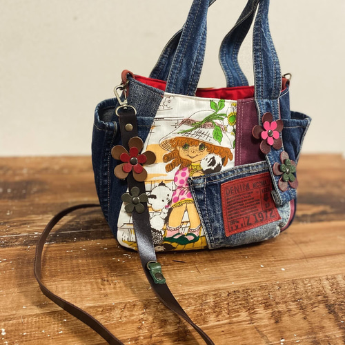ハンドメイド デニムリメイク バッグ レトロアニマル ヨーヨーキルト 楕円 19 ハンドメイド デニムリメイク バッグ レトロアニマル ヨーヨー