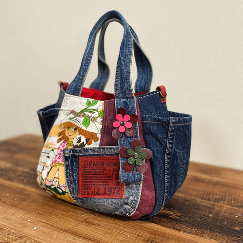 ハンドメイド デニムリメイク バッグ サロペット レトロアニマル 楕円底 32 0_03cabd51dbd903f5942f3e2edec7
