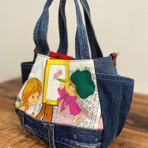 デニムリメイクバックM お花し刺繍ニコちゃん まんまるトートバッグ小サイズ デニムリメイク×レトロ女の子柄