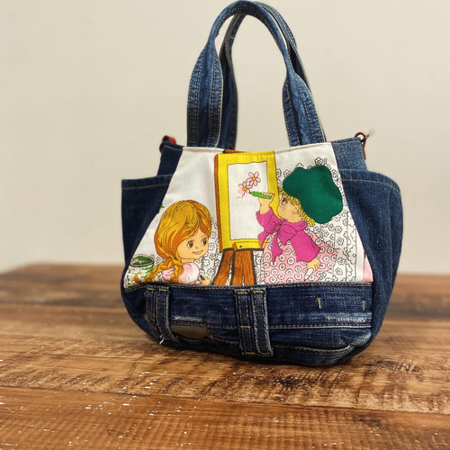 まんまるトートバッグ小サイズ デニムリメイク×レトロ女の子柄 トート