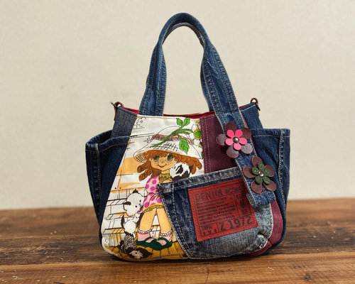 まんまるトートバッグ小サイズ デニムリメイク×レトロ女の子柄 トート