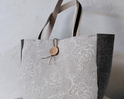 薔薇 刺繍生地 ウール トートバッグ トートバッグ linge
