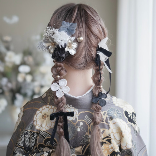 A348 ブラック ベルベットリボンとオーガンジーリボンの髪飾り 成人式