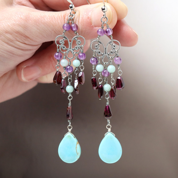 トルコ石とガーネットのエスニック風シャンデリアピアス 1点もの 完成  