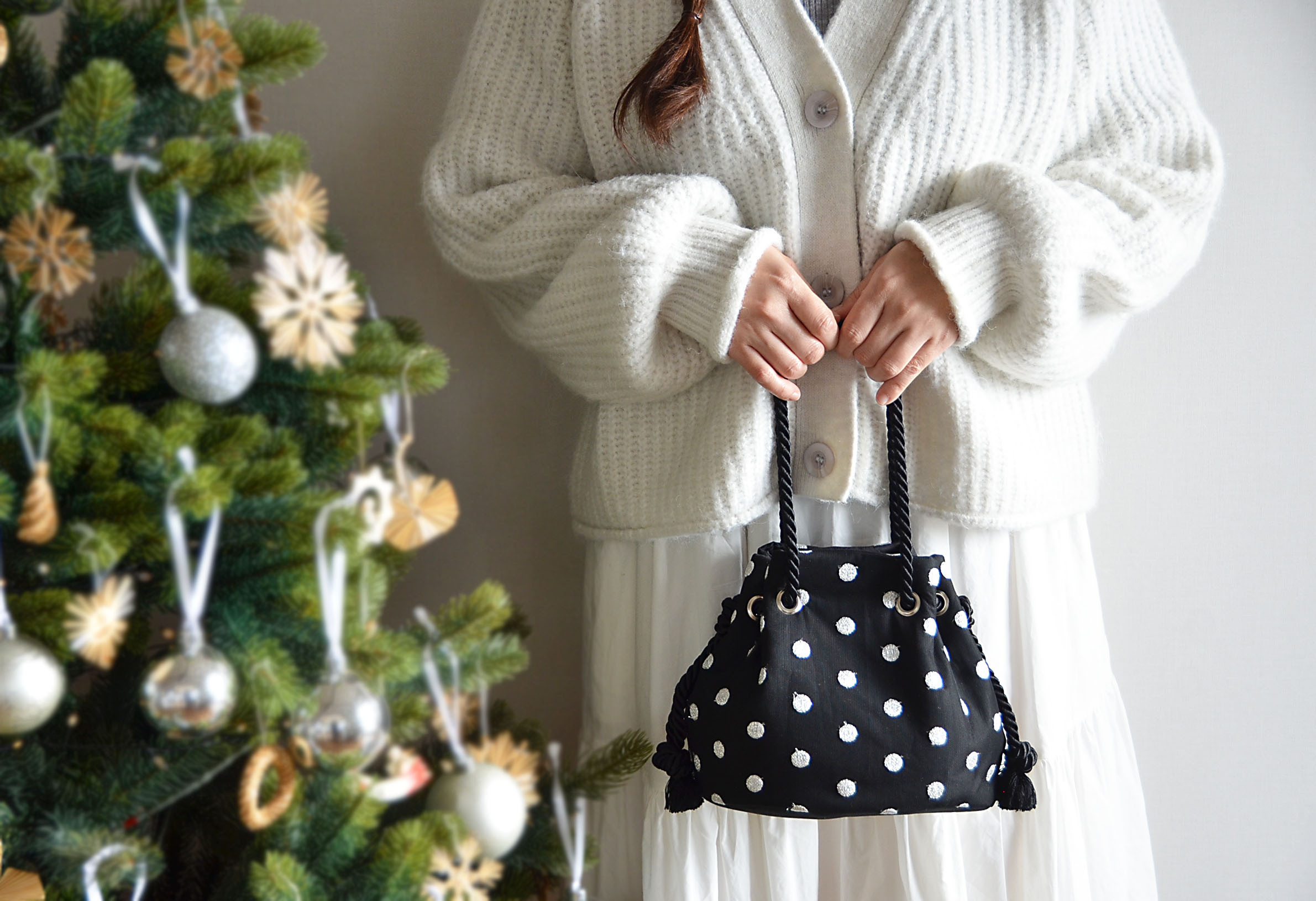 数量限定！チュール刺繍ドット 2wayマリンバッグ 　シルバー　クリスマスギフト・ご褒美にも◎