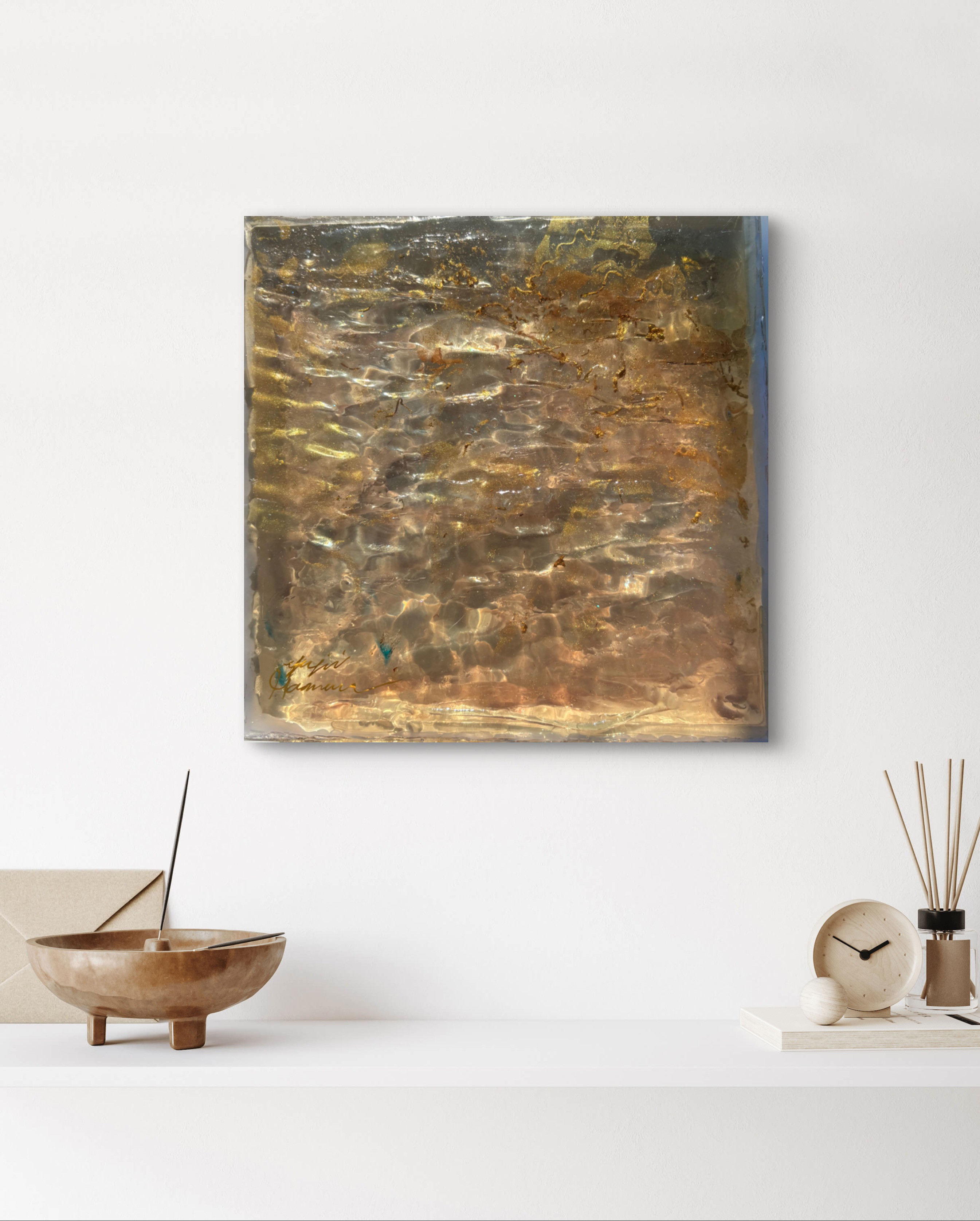 Yuji hamamura現画販売　アートパネル  水面　NO.12 ゴールド無題20×20cm 濵村裕二