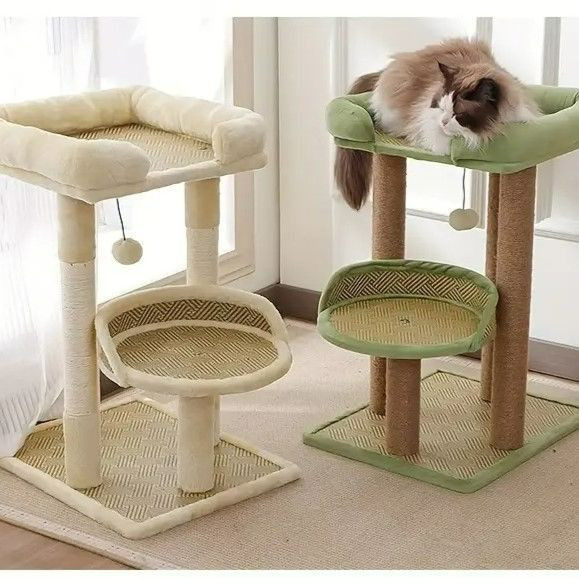 キャットタワー 高級2段 サイザル麻ロープ製爪とぎ柱 豪華なプラッシュパーチ 吊り下げおもちゃボール cht-3085
