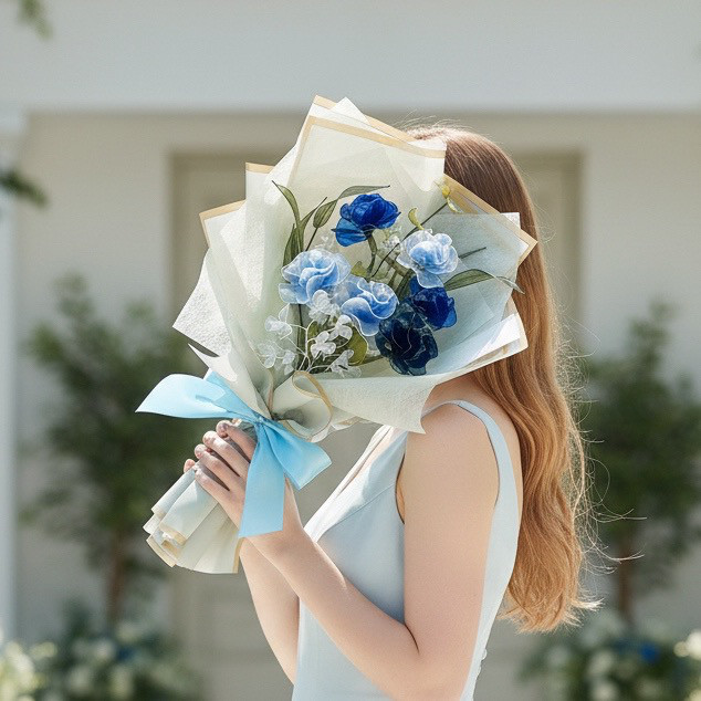 【お得なブーケ】青薔薇MIXとリーフのブーケ 11本セット　b2017