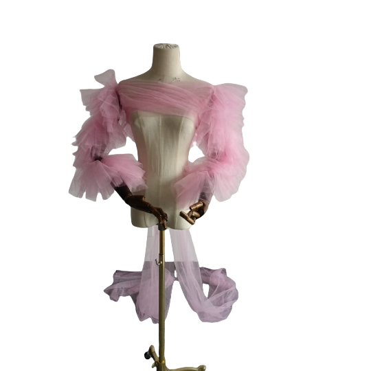 ドレスアレンジ用トップスのみ　ボレロ　ソフトチュール ピンク ベール風ポンチョ 花嫁 スリット