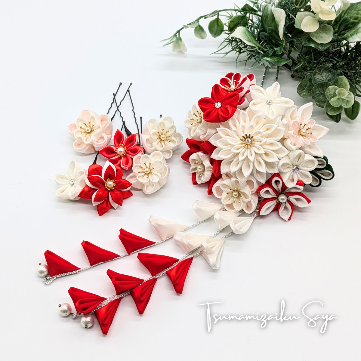 つまみ細工 髪飾り 成人式用髪飾り 前撮り 卒業式 さがり 赤 ピンク 白 red-3