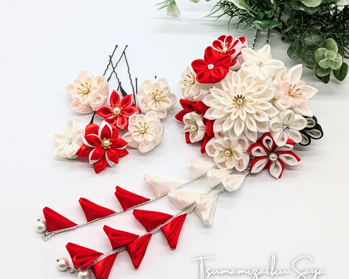 つまみ細工 髪飾り 成人式用髪飾り 前撮り 卒業式 さがり 赤 ピンク 白