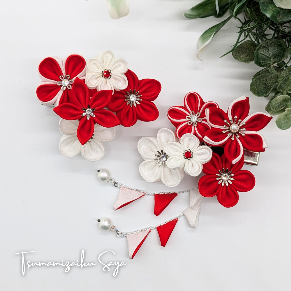 つまみ細工 髪飾り 成人式用髪飾り 前撮り 卒業式 さがり 赤 白 red-4