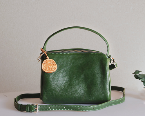 本革お洒落なハンドバッグ斜め掛け2wayショルダーバッグ緑色 2way
