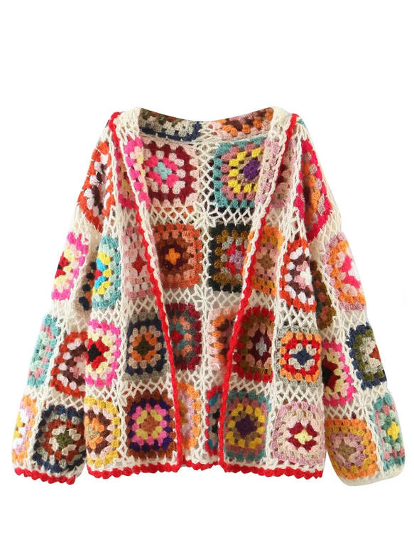 ◇【手編み フード付きの花柄パッチワーク 羽織り 】ニット