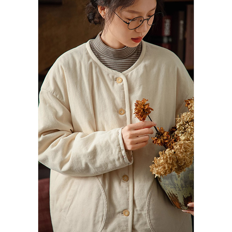 裏表通用中綿暖かいジャケット　100%コットン花柄ジャケット　ベージュ　S-Lサイズ　S335