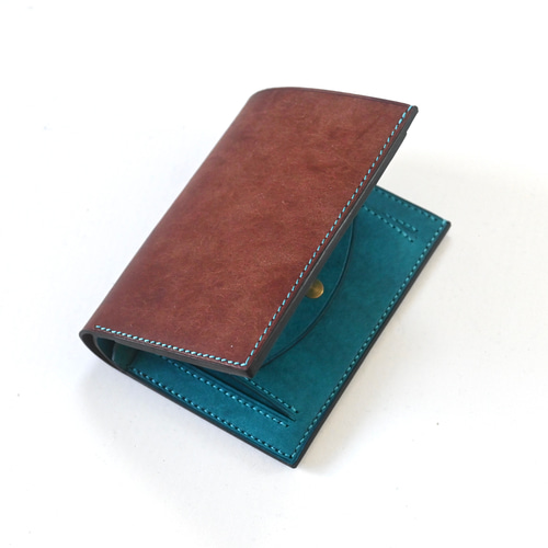 ミドルウォレット【ダークブラウン×ターコイズ】二つ折り財布 マルゴー