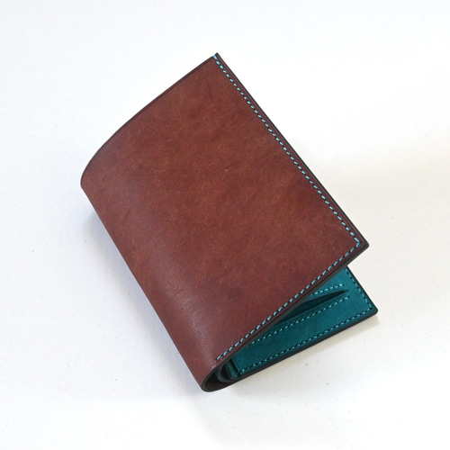 ミドルウォレット【ダークブラウン×ターコイズ】二つ折り財布 マルゴー