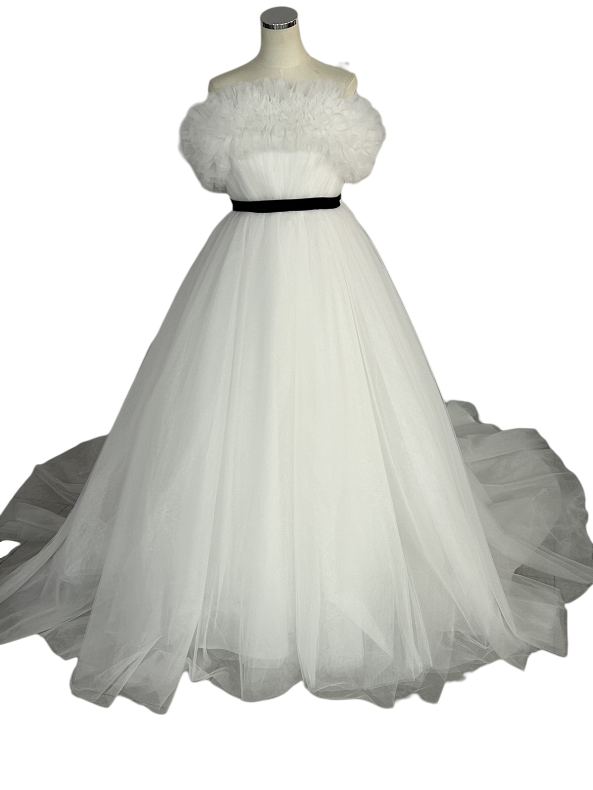 ウエディングドレス 取り外しオフショルダー サッシュベルト オフホワイト ソフトチュール ブライダル 前撮り