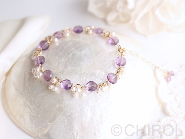 【再販】:●: ピンクアメジスト＋淡水パール:●: ブレスレット/ 14kgf